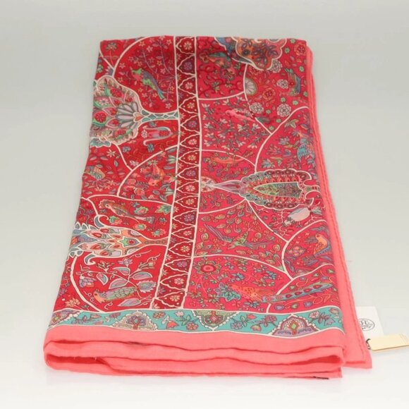 HERMES Carre 140 Scarf ""des Oiseaux Fleurs"" Cashmere Red Auth 133742 - Picture 7 of 10